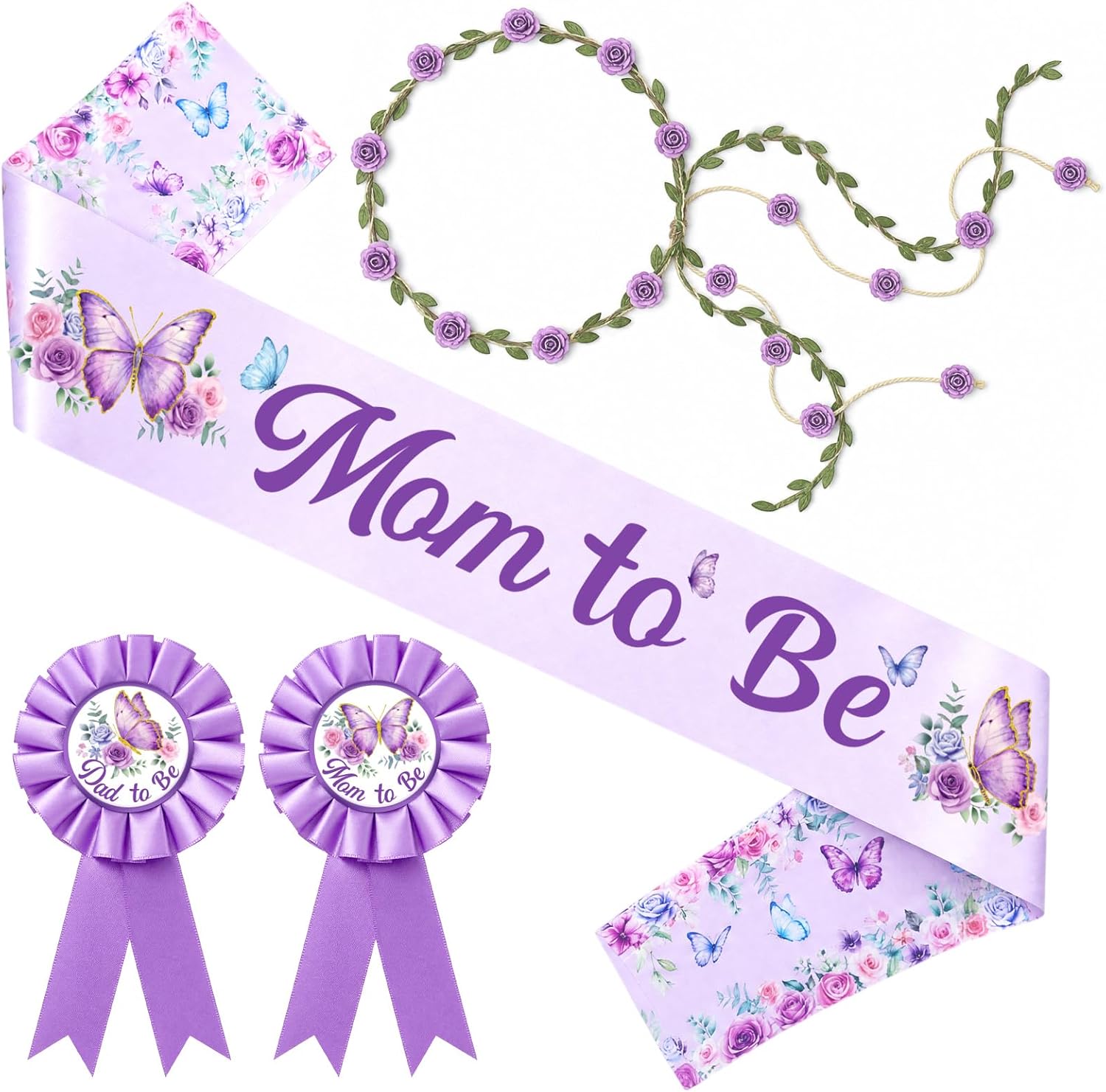Chunful Butterfly Theme Mom to Be Sash Baby Shower Dad to Be Pin and Flower Crown Headband for Gender Reveals Party Baby Shower Party Favors for Girls Pregnancy Photo Props Gifts (Classic,Purple)