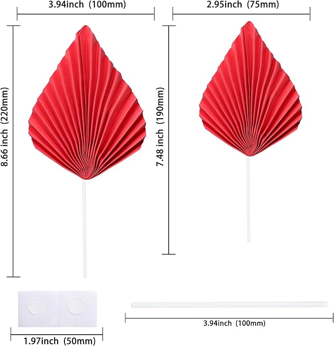 Ephlyn 6Pcs Paper Palm Fan Cake Topper Palm Leaf Fan Cake Pick Palm Spear Leaf DIY Cake Decorations for Bakeware Baby Shower Wedding Bridal Shower Birthday Anniversary Party Red