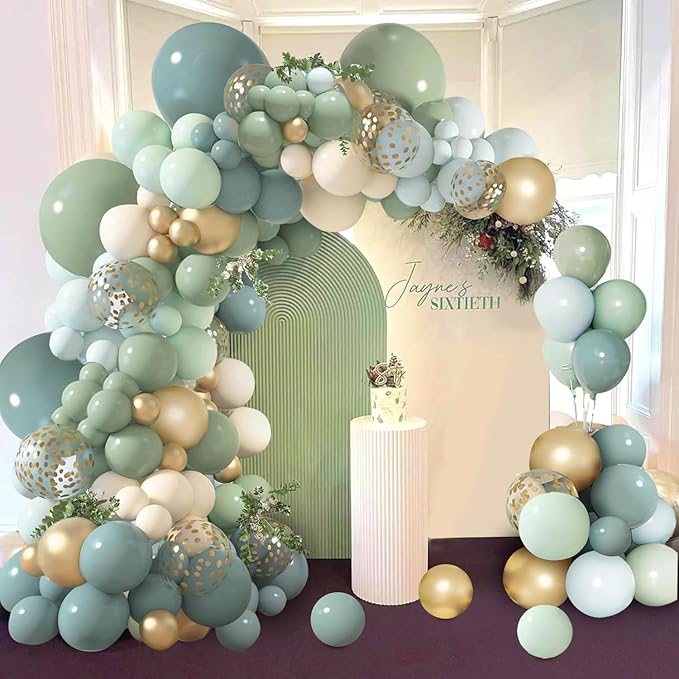 Dusty Blue Sage Green Balloon Arch Kit, Pastel Blue Green Sand White Gold Confetti Balloons Garland Kit for Wedding Bridal Boho Birthday Party Backdrop Decorations