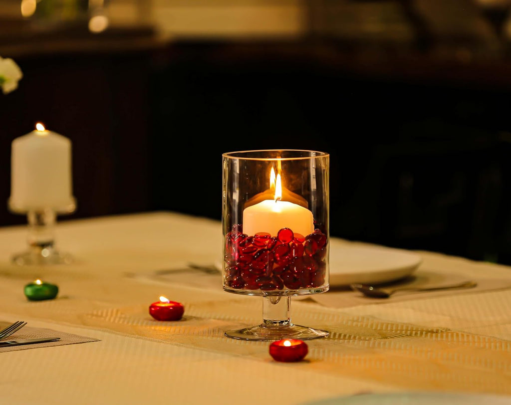 CYS EXCEL Glass Hurricane Pillar Candle Holder (H:8" W:4.75") | Multiple Size Choices Short Stem Candle Centerpieces | Stemmed Glass Cylinder Candle Vase