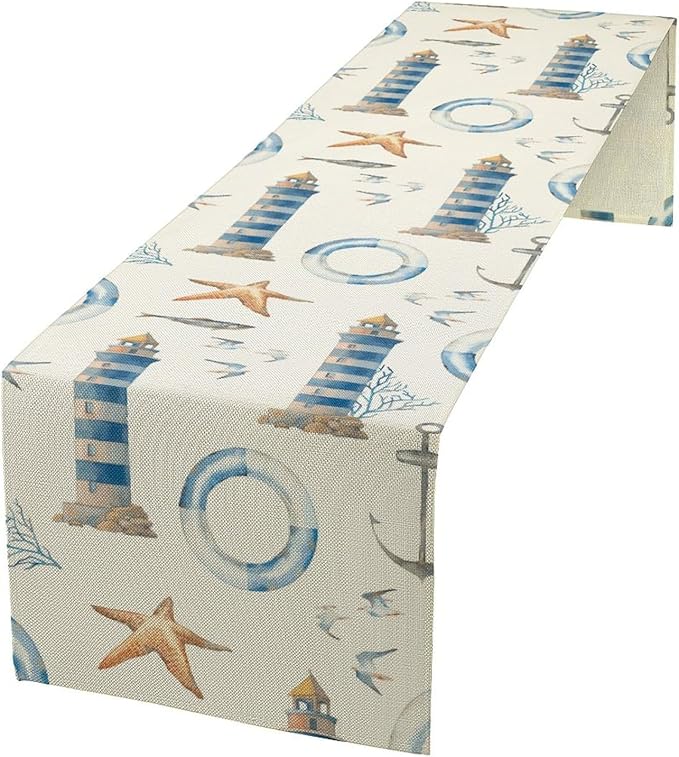 Blue Beach Table Runner, Tropical Ocean Coast Table Runner, Seashell Seasonal Nautical Restaurant Coffee Table Decorations for Home Holiday Party Indoor Outdoor 13x90 Inch
