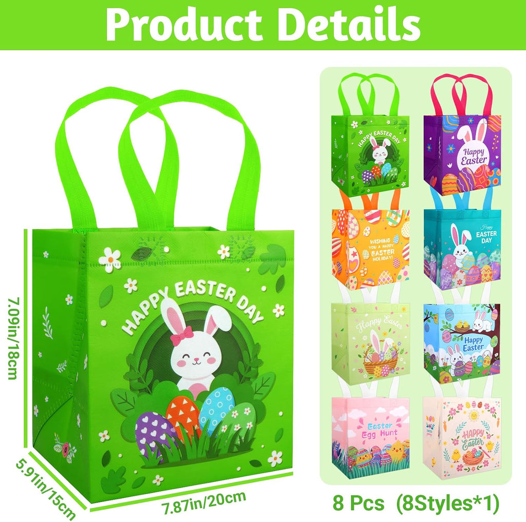 STARSIDE 8 Pack Easter Egg Hunt Bags with Handles for Kids - Reusable Non-Woven Cute Bunny Chick Carrot Tote Bags for Gift Wrapping, Easter Treats, Goodie Bags & Party Favors (7.09x5.91x7.87 Inches)
