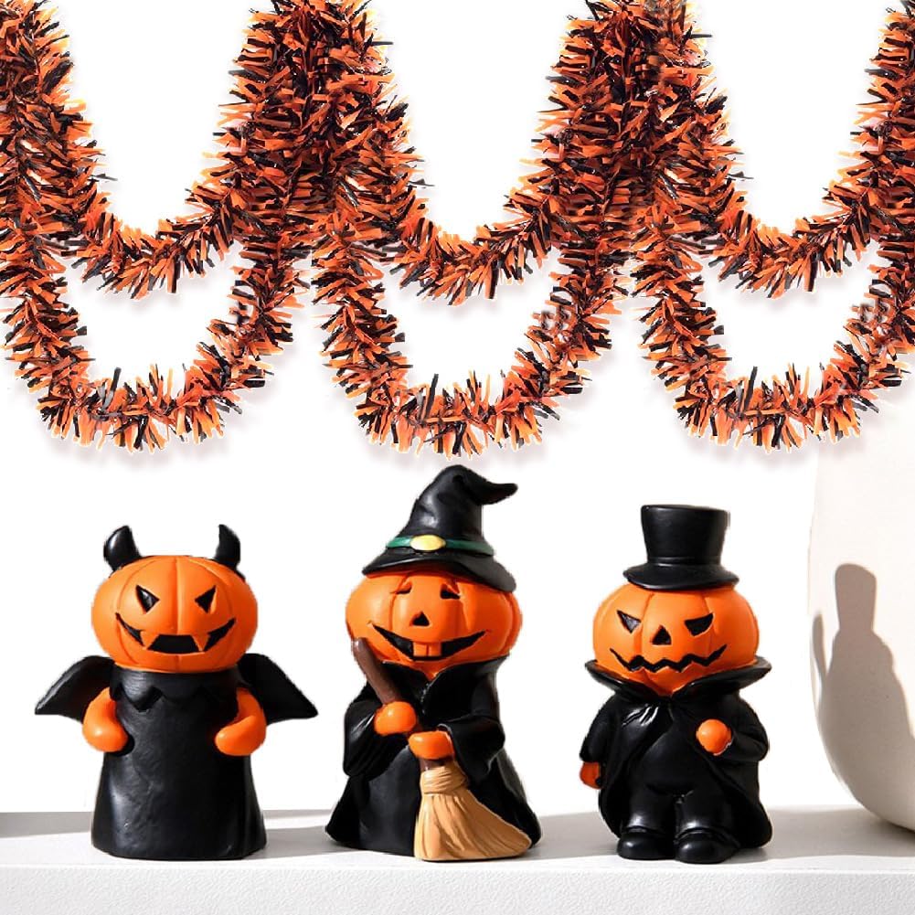 Halloween Tinsel Garland - 33 Ft Shiny Metallic Tree Garland Glitter Tinsel Hanging Twist Hanging Decorations for Halloween Party Holiday Supplies (Orange,Black)