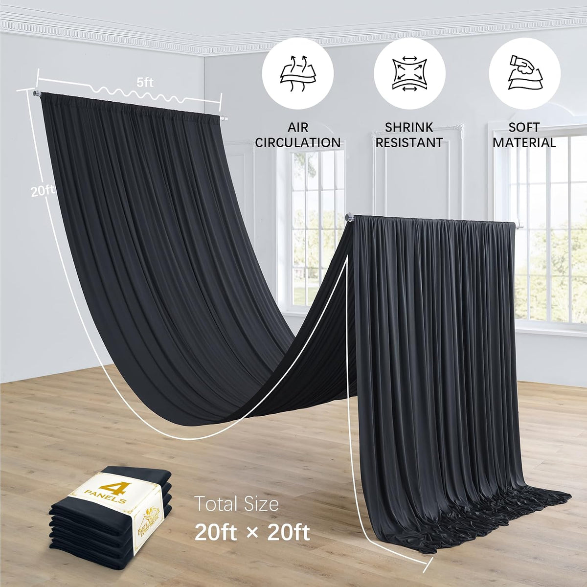 4 Panels 5ft(W) x 20ft(L) Black Ceiling Drapes for Halloween Parties