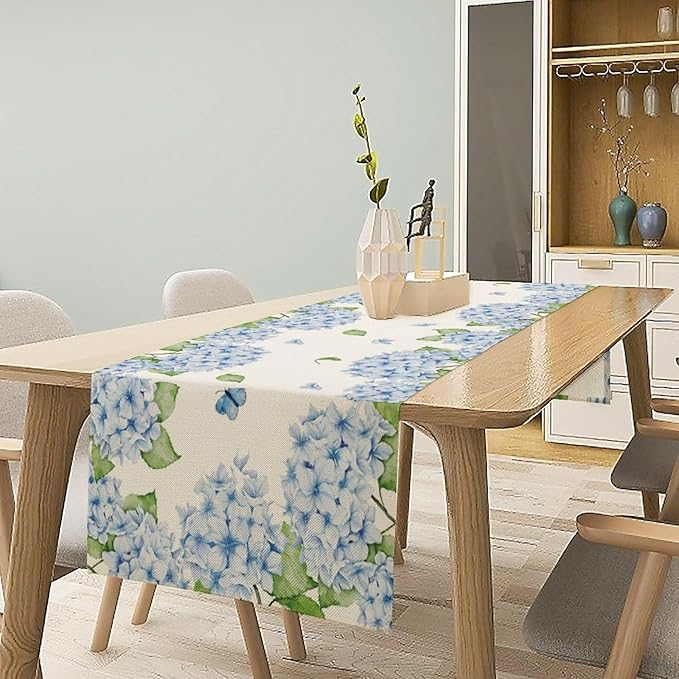 Watercolor Hydrangea Flower Table Runner, Spring Summer Seasonal Plants Butterfly Blue Dinner Runner for Home Kitchen Dining Table Party Holiday Decoration 13"x36"