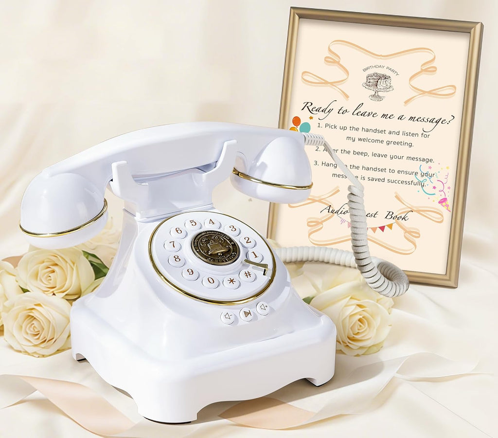RetroVox Audio Guest Book Wedding Phone Guestbook and Signage Guest Audio Message Book, Vintage Style for Wedding Reception, Bridal Shower, Baby Shower（White & Sign Holder E）