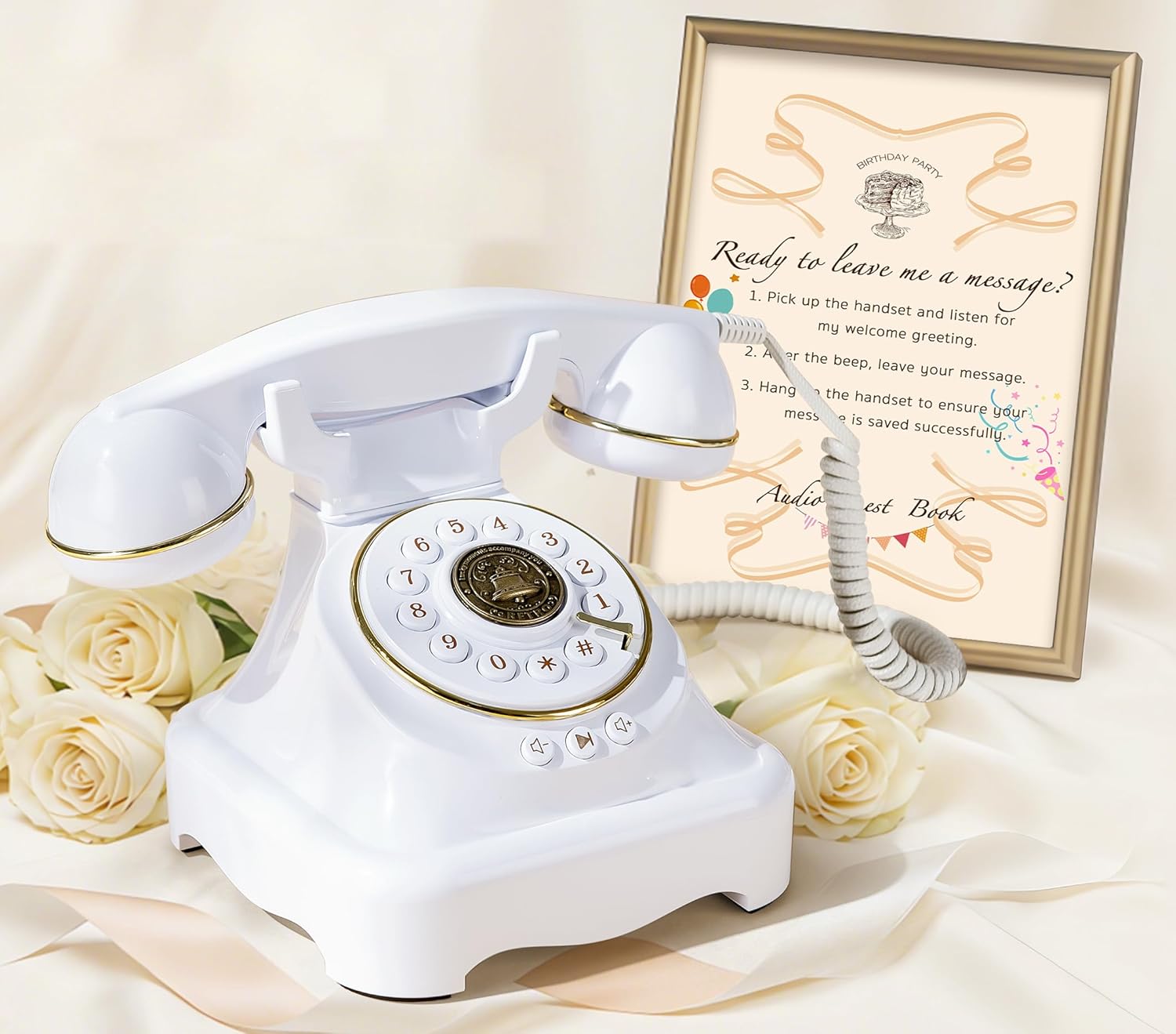RetroVox Audio Guest Book Wedding Phone Guestbook and Signage Guest Audio Message Book, Vintage Style for Wedding Reception, Bridal Shower, Baby Shower（White & Sign Holder E）