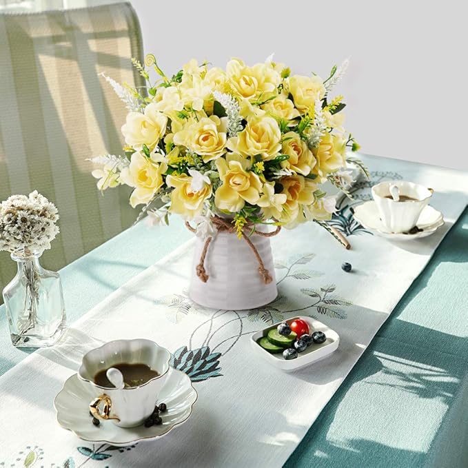 LESING Artificial Flowers with Vase for Table Centerpieces,Fake Silk Gardenia Flower in Vase Decoration for Home Office Party (Champagne)