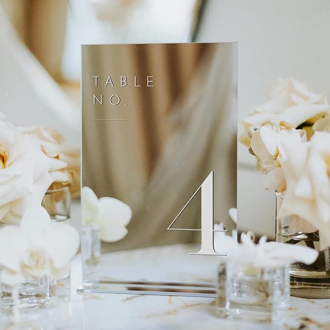 JINMURY Sliver Wedding Table Numbers 1-10 with Stands, 5"x7" Sliver Mirror Acrylic Table Numbers for Wedding Reception(Sliver Mirror White Font, Number 1-10, 5"x7")