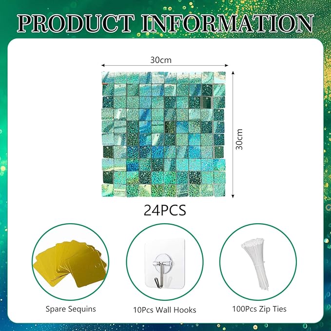 24PCS Light Green Shimmer Wall Backdrop, Laser Square Sequin Photo Backdrops Panel, Glitter Wall Background for Birthdays, Weddings, Christmas, Engagements, Disco Bachelorette Party Decor (4FTx6FT)
