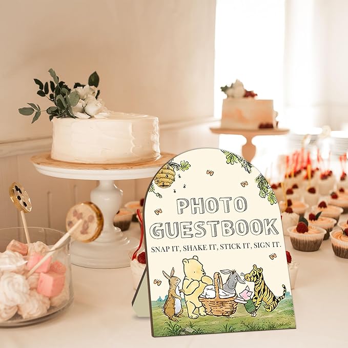 Winnie Wedding Photo Guestbook Desk Decor, The Pooh Photo Guestbook Wooden Sign, Baby Shower Party Decor, Wedding Party Supplies for Reception with Stand 8 * 10In