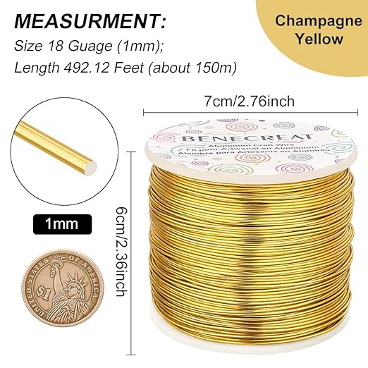 BENECREAT 9 10 12 15 17 18 20 Gauge Gold Aluminum Wire (18 Gauge,492 FT) Anodized Jewelry Craft Making Beading Floral Colored Aluminum Craft Wire for Garden, Model Making
