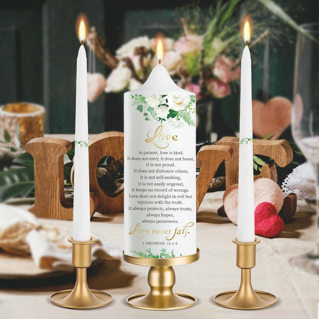 3 Unity Floral Candles for Wedding Ceremony Set with Gold Candle Holders, Bible Wedding Unity Set – Elegant Gift for Bride, Groom, Religious or Catholic Weddings