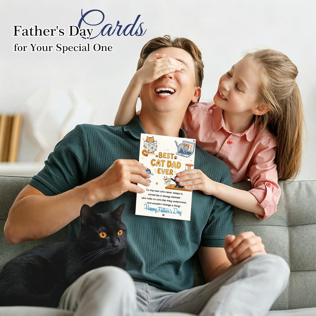 FaCraft Funny Fathers Day Card from Cat - 8x5.5 Best Cat Dad Ever Humorous Happy Fathers Day Card for Husband, Grandpa - Unique Pet Parent Gift Set with Envelope, Seal from Daughter Son