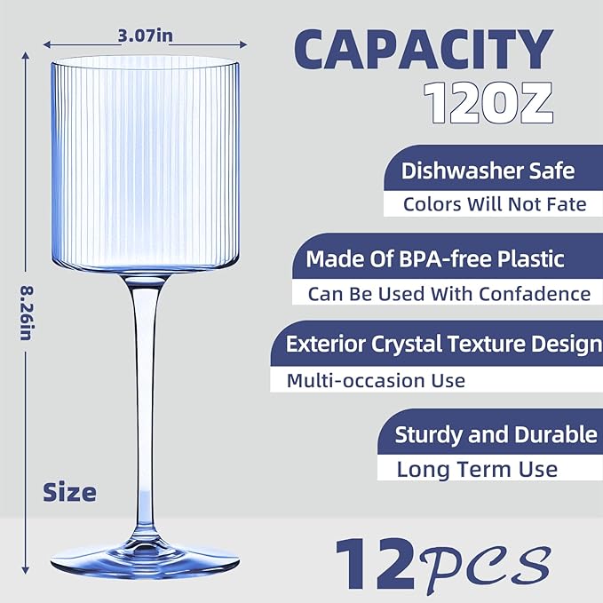 Plastic Goblets Wine Glasses - 12Oz Acrylic Wine Glasses Origami Unbreakable Clear Plastic Cocktail Glasses Recyclable Shatterproof Reusable Wine Cups for Parties & Weddings (Blue)