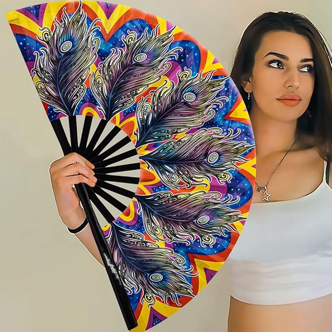 13" Large Rave Fan Bamboo, Folding Clack Hand Fans Foldable for Men Women, Boots on the Ground Poping Fan for EDM Festival Line Dance Decoration, (Peacock, Large 13")
