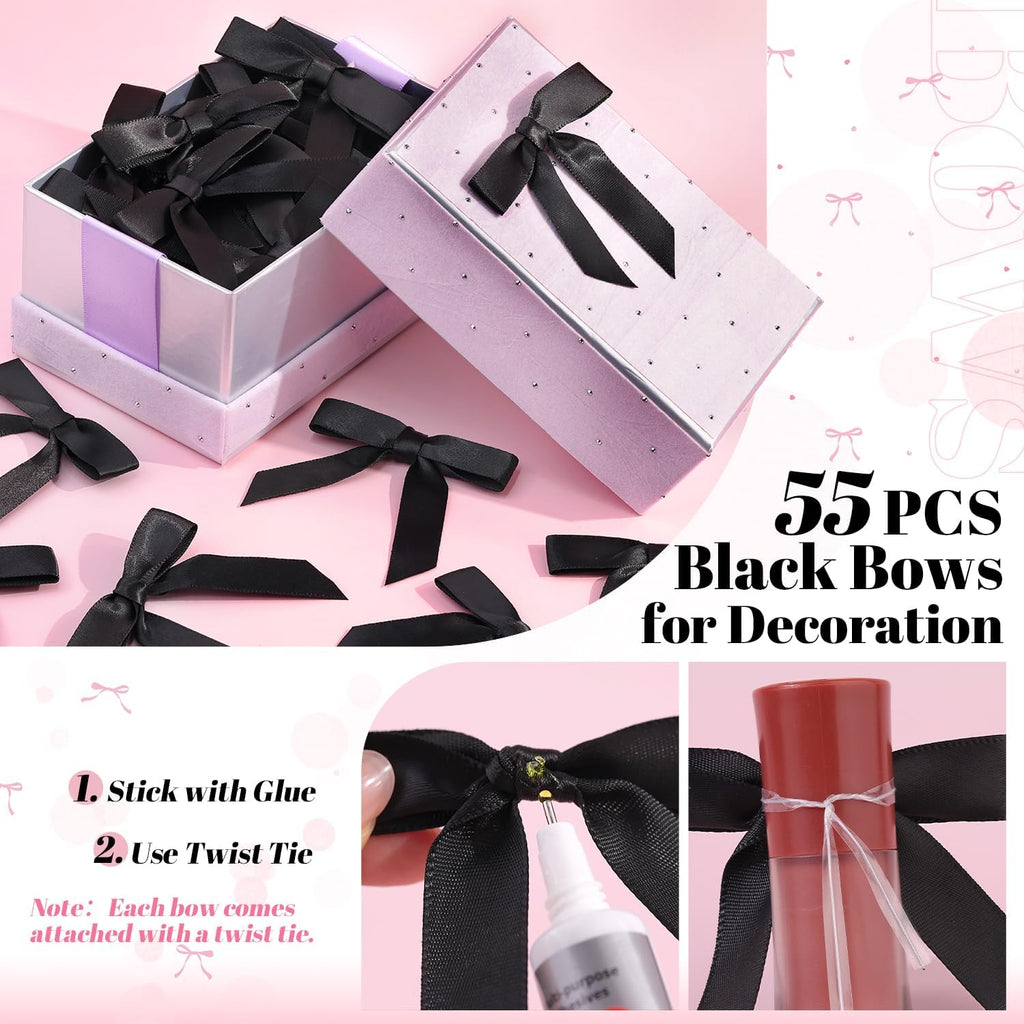 55PCS Tinkrstuff Black Bows for Crafts, 2.68" Satin Ribbon Bow for Clothes Ornament, Fabric Bows for Party Decor, Cute Christmas Tree Bows &Thanksgiving Gifts Wrapping Treats Balloons (with Twist Tie)