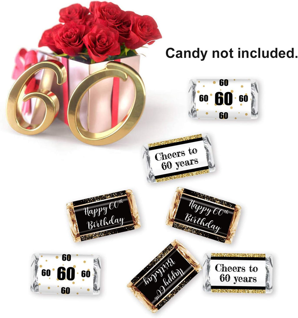 Black & Gold 60th Birthday Party Mini Candy Bar Wrapper Stickers - 60th Birthday Party Favors - Pack of 54