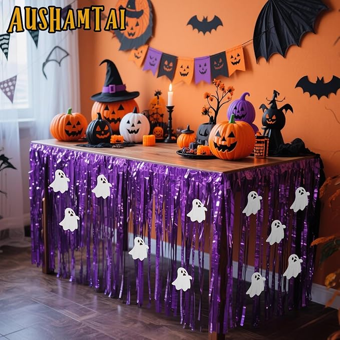 28x106 Inch Purple Sequin Tablecloth for Halloween Decorations, Metallic Tinsel Foil Fringe Table Skirt, Rectangle or Round Tables Decor, Table Cover, Ghost Decorations for Halloween Party