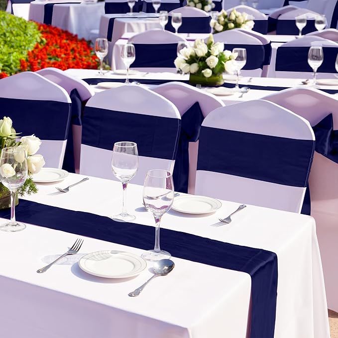 Aneco 16 Pack Satin Table Runner 12 x 108 Inch Navy Blue Long Wedding Satin Silk Table Runner for Wedding Banquet Graduations Birthday Party Decoration