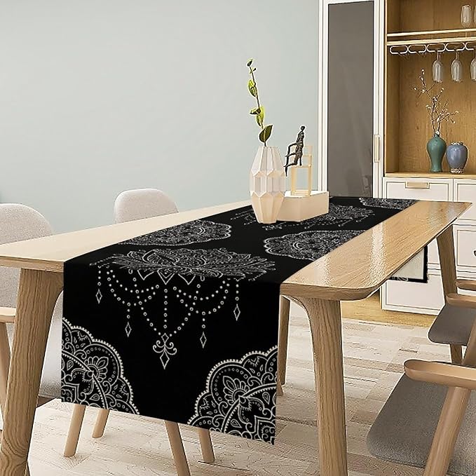 Lotus Flower Table Runner, Bohemian Ethnic Oriental Mandala Black White Floral Print Table Runner for Home Kitchen Dining Indoor Outdoor Dinner Party Decor, 13x120inch