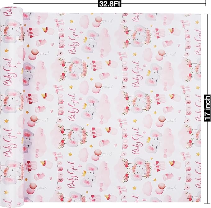 Aimyoo Pink Baby Shower Wrapping Paper Roll - 17 Inch X 32.8 Feet - Cute Elephant with Baby Girl Letter Design Perfect for Girls, Birthday, Party