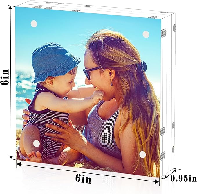 HELPLEX 2 Pack 6x6 Acrylic Picture Frames, 24mm Thicker Square Frameless Clear Frame Double Sided Magnetic Frame, Free Standing Desktop Display Stand
