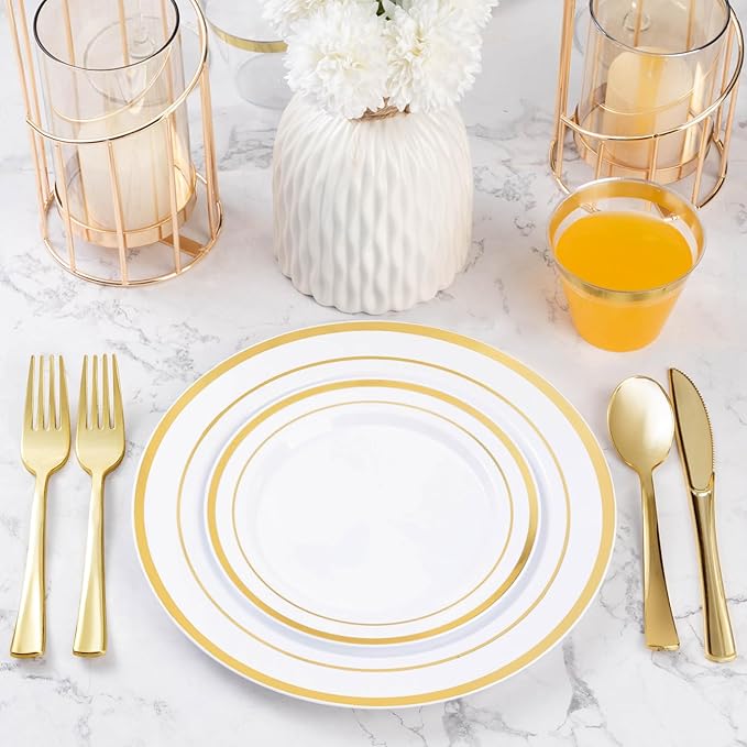 600PCS Gold Plastic Plate Set (100 Guests), Plastic Plates for Party Wedding Birthday, Disposable Dinnerware Set of 200 Plates, 200 Forks, 100 Spoons, 100 Knives for Christmas, Thanksgiving