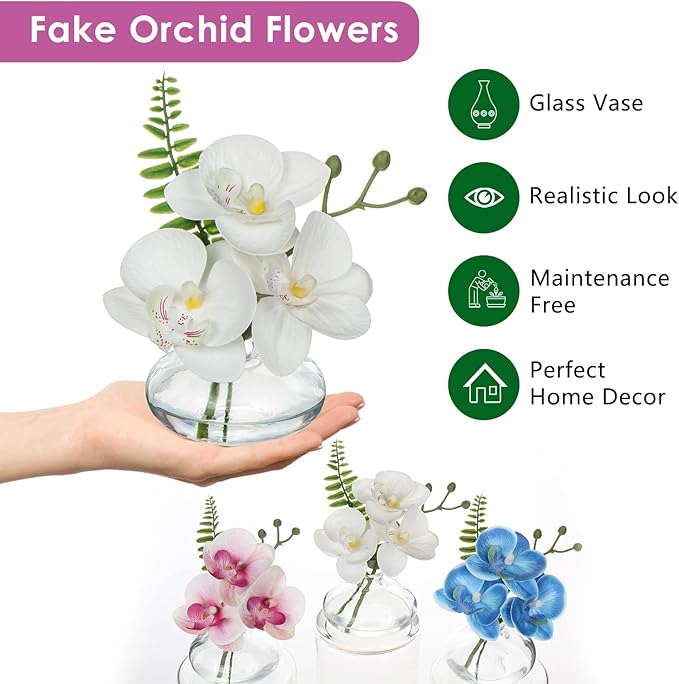 White Orchids Artificial Flowers Faux Orchids Arrangement in Clear Glass Vases Set of 3 Real Touch Phalaenopsis Orchid Flowers Small Fake Orchid Centerpiece for Dining Room Table