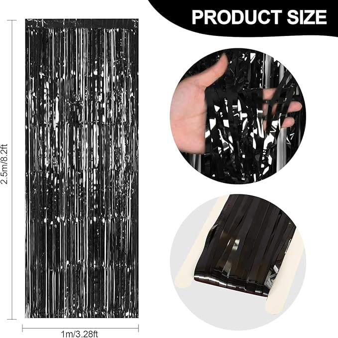 24 Pack Halloween Black Metallic Foil Fringe Curtains, 3.2ft x 8.2ft Foil Fringe Curtain Backdrop Foil Streamers Party Supplies Tinsel Curtain Backdrop for Parties/Halloween/Photo Booth