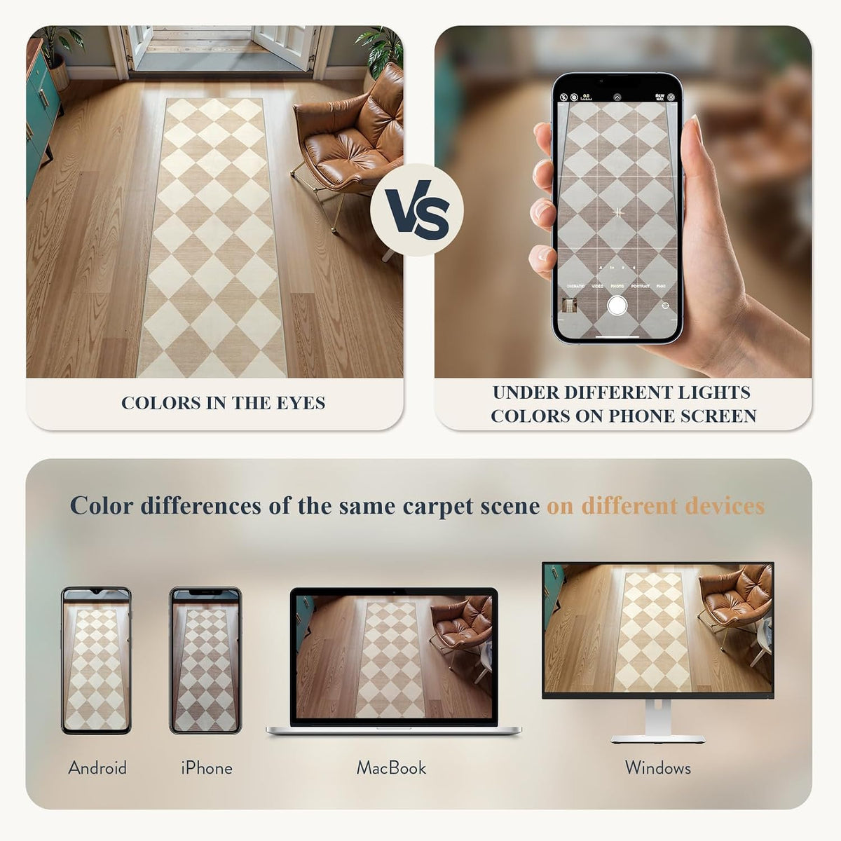 Beeiva Checkered Print Carpet Runners for Hallway 12ft, Beige Neutral Washabl...