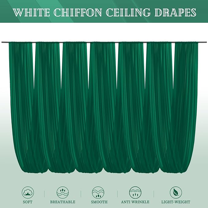 6 Panels Emerald Green Ceiling Drapes for Wedding 5ftx30ft Chiffon Fabric Arch Draping Curtains Sheer Drapery for Party Ceremony Birthday Baby Shower Reception Stage Swag Ceiling Decorations