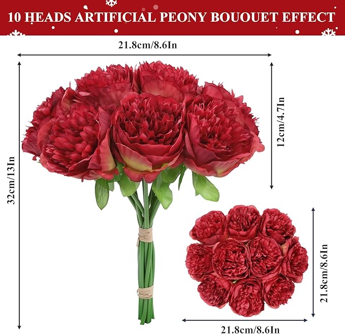 U'Artlines 10 Heads Artificial Peony Silk Flower Leaf Home Office Wedding Party Festival Bar Decor (Red)