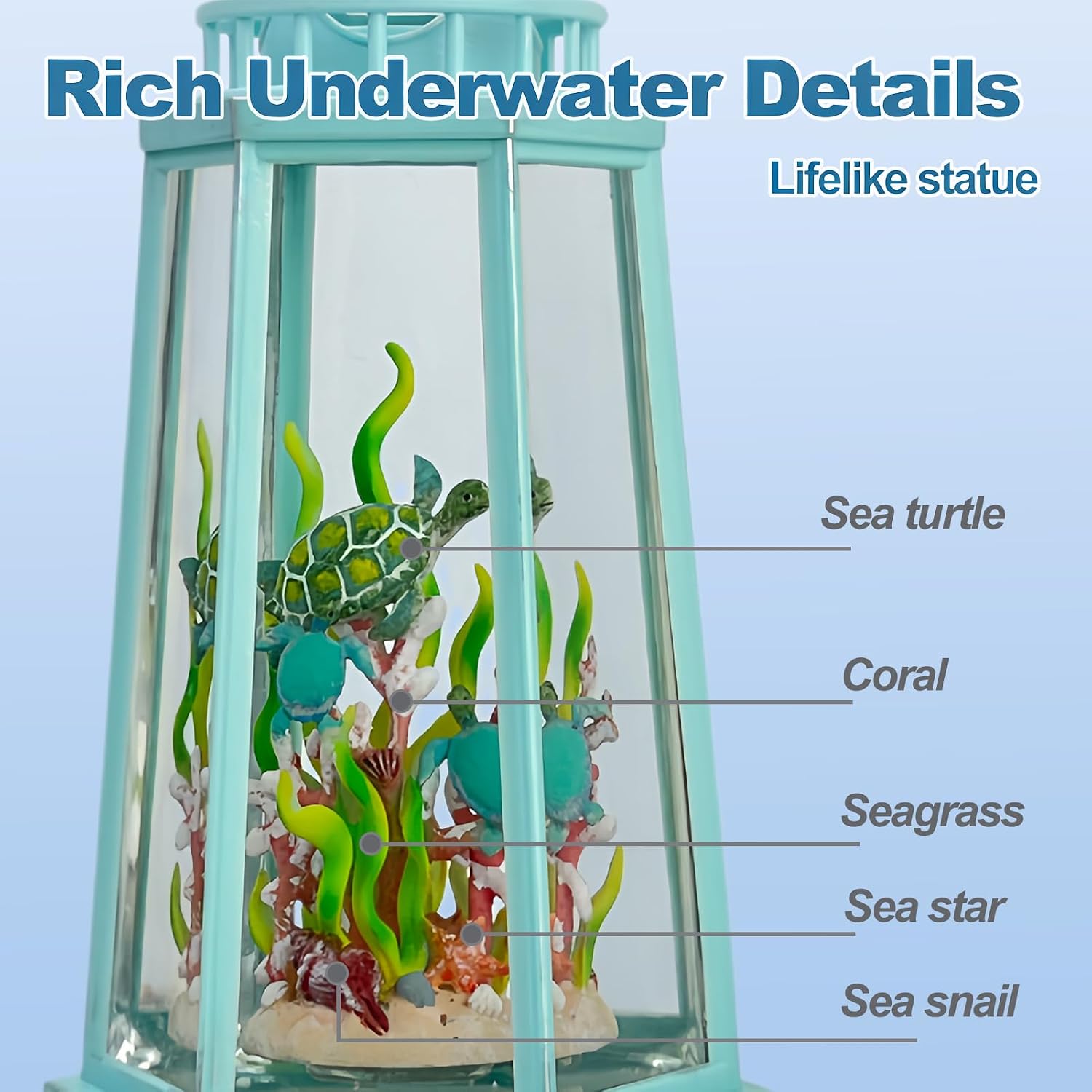 Ocean Themed Snow Globe Lantern with Music - USB or Battery Powered Light Up Water Lantern with Sea Turtle Swirling Glitter Water Globe for Summer Costal Ocean Decor Gift for Ocean Lover (Sea Turtle)