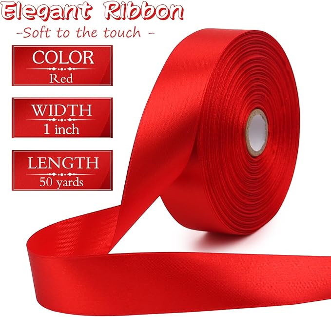 Red Solid Satin Ribbon 1 Inch 50 Yards Solid Polyester Fabric Ribbon for Gift Wrapping Wedding Christmas Baby Shower Birthday Party Decoration Handmade Immortal Flower Craft