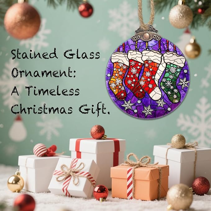 Stained Glass Christmas Decorations, Colorful Socks Suncatcher for Window Christmas Tree Hanging Ornaments Silver Snowflake Sun Catcher Xmas Decor Gifts for Women Men Mom Nana Friend