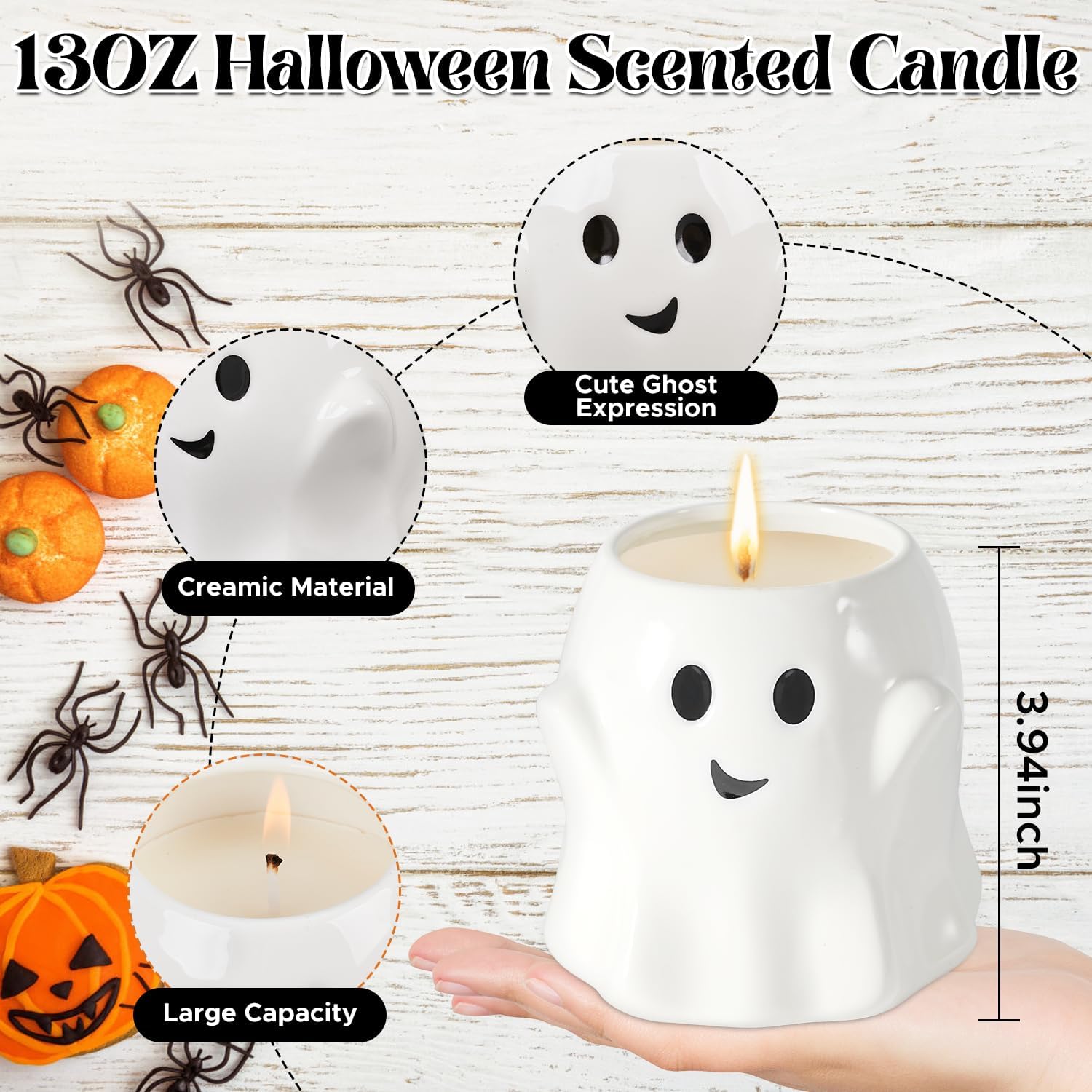 Boo Basket Stuffers for Women Men, 13OZ Halloween Ghost Candle Large Pumpkin Spice Scented Candle Up to 60 Hours Halloween Decorations Indoor