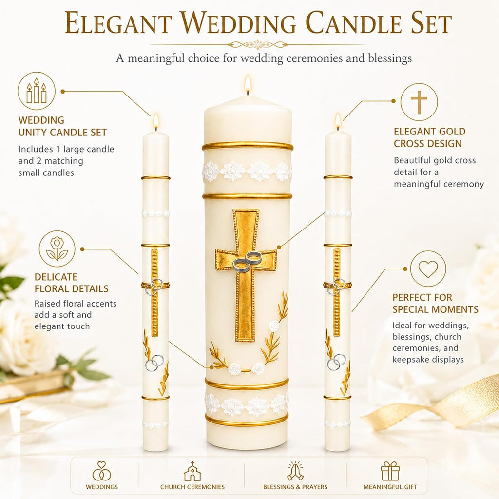 Unity Candles for Wedding Ceremony Set,Wedding Candles 1 Pillar 11.5 Inch and 2 Taper 10 Inch Set 3,Catholic Religious Ceremony Accessories,Velas para Boda (Cross & Rings)