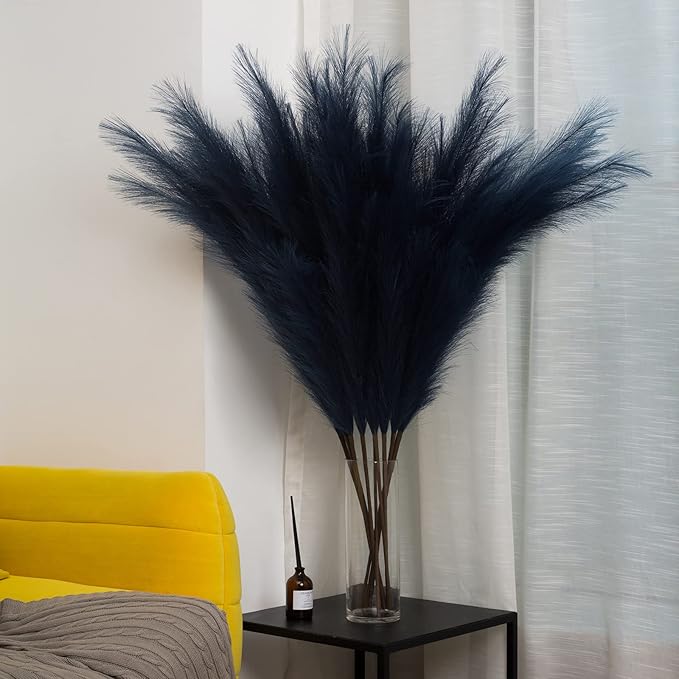 Faux Pampas Grass 6 Stems, Artificial Pampas Grass - 43 inch Total Extra Large Pompass Grass Tall Pompous Boho Flower Arrangement and Floor Vase Filler Home Decor for Room Wedding Party (Blue)