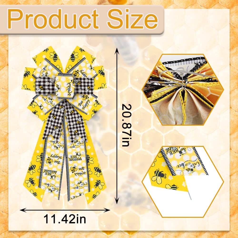 Estivaux Large Bumble Bee Bows for Wreath, Happy Bee Wreath Bows Yellow Burlap Bows White Black Buffalo Plaid Bows Spring Holiday Tree Topper Bows for Front Door Spring Birthday Farmhouse Decorations