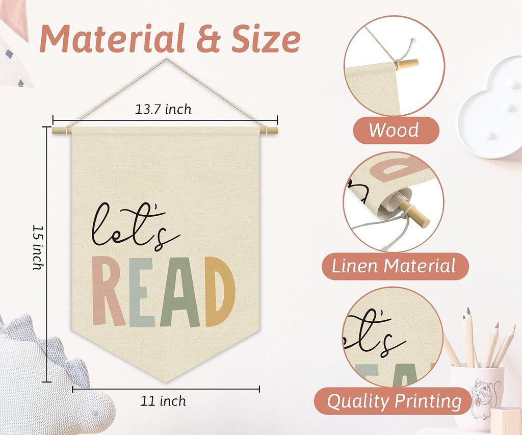 Reading Corner Decor, Let's Read Sign Kids Room Wall Canvas Banner, Library Boho Classroom Bookshelf Hanging Pennant Flag, 15x11in