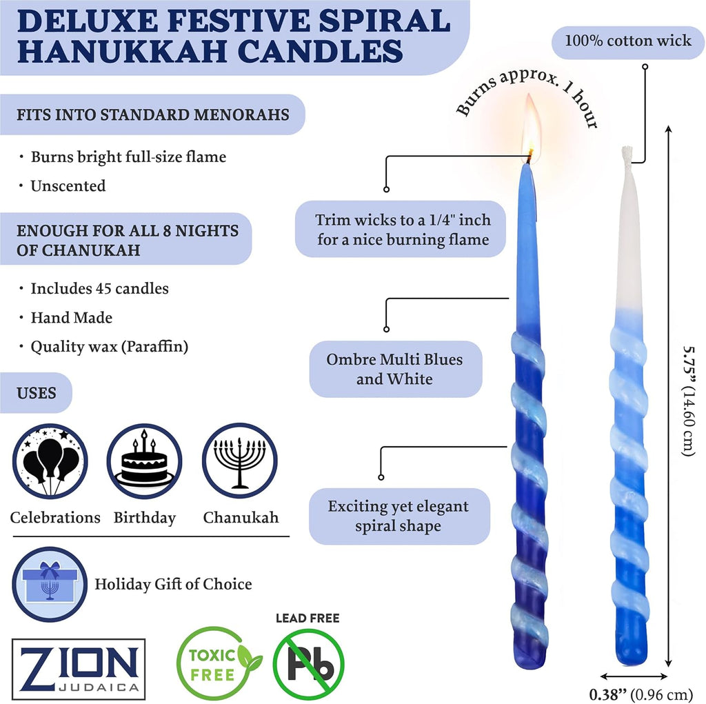 Zion Judaica Ltd Set of 45 Dripless Hanukkah Candles Spiral Candle Includes a DIY Dreidel, Prayer Card, Standard Size Menorah Candles for Eight Nights of Chanukah, Multi Tone Blue and White Ombre
