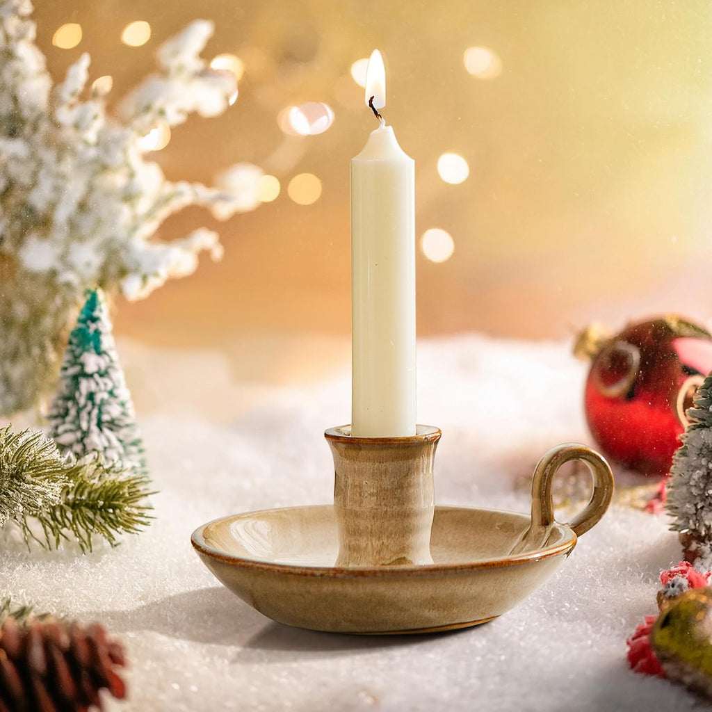Candlestick Holder, Vintage Ceramic Candle Holder for Taper Candles, Spell Candles, and Incense, Farmhouse Candlelight Stand with Handle for Home, Dining Table, Halloween, Christmas Decor
