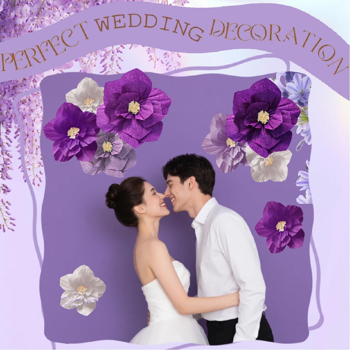 9 PCS Purple Paper Flowers Artificial Crepe Tissue White Wall Décor Wedding Birthday Bridal Baby Shower Classroom Nursery Room Backdrop Centerpieces Party Decorations Supplies (Purple (9PCS))