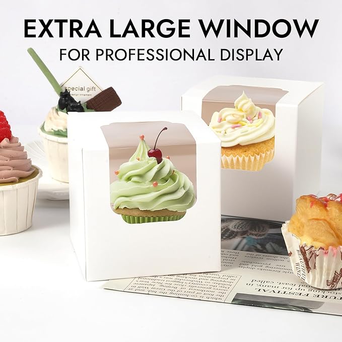 JCD 120 Packs Individual Cupcake Box White with Insert, 3.5" Cupcake Containers Single with Insert and Window for Hot Cocoa Bombs and Cookies, Pre-Assembled for Wedding Birthday Party (White/120Pcs)