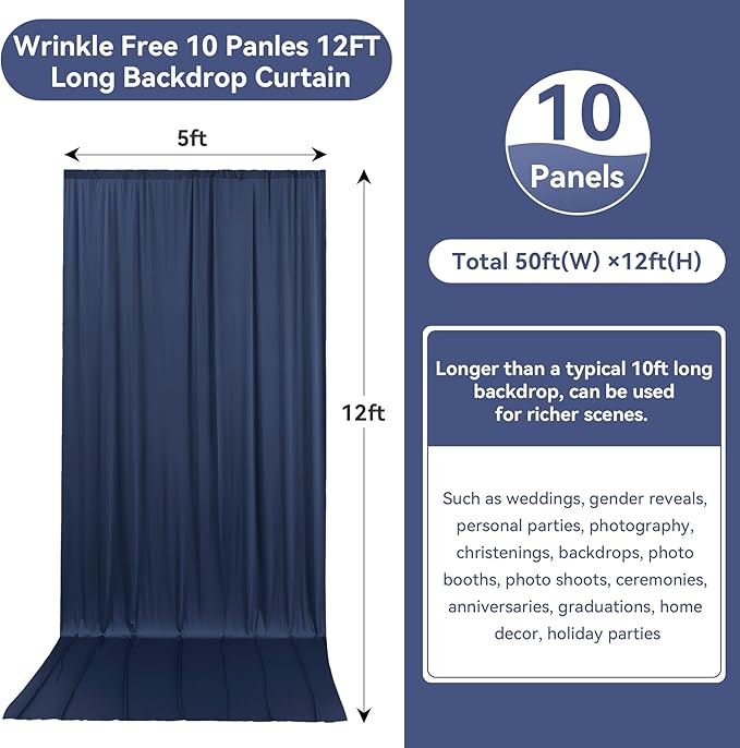 50ftx12ft Wrinkle Free Navy Blue Backdrop Curtain, 10 Panels 12FT Height Navy Blue Wedding Backdrop Drapes, Silky Polyester Back Drop Cloth for Birthday Photography Background Party Backdrop Draping