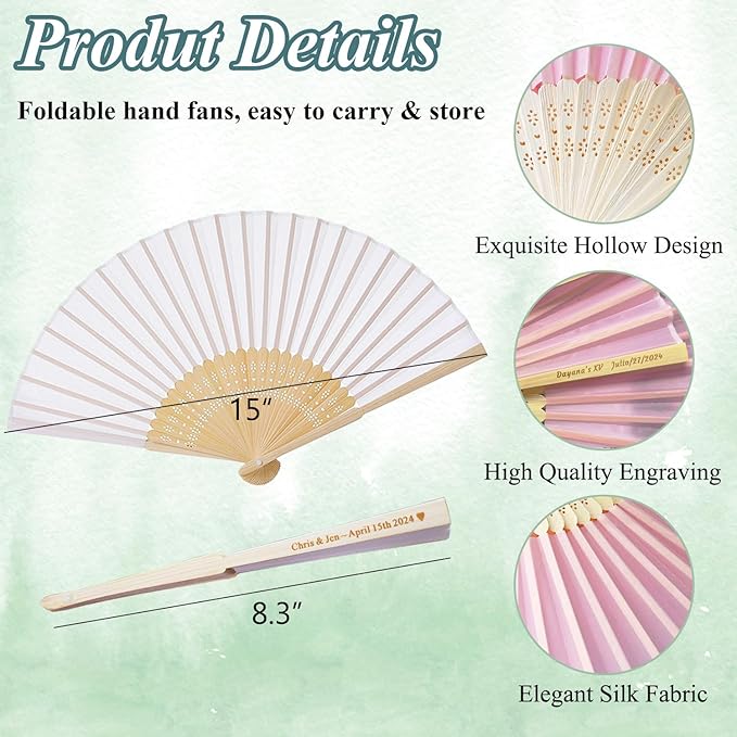 70 Pcs Personalized Pink Wedding Folding Fans for Guests, Custom Engraved Summer Wedding Fans, Folded Hand Fans for Wedding Favors, Vintage Silk Handheld Fans for Bridal Shower Decorations