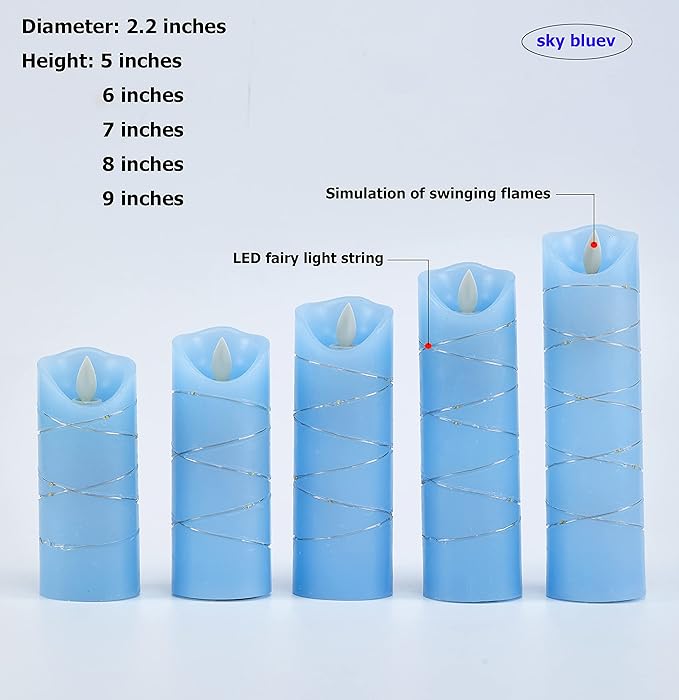danip LED Flameless Candle with Embedded Star String, 5 Piece LED Candle with 10 Button Remote Control, 24 Hours Timer Function, Dancing Flame, Real Wax, Battery Powered. (Sky Blue)