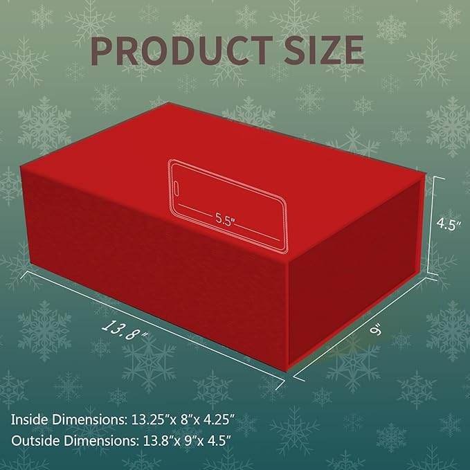 Rinrda Large Christmas Red Gift Box,13.75"x9"x4.5", Gift Boxes with Magnetic Lids for Presents Closure Gift Packing for Birthday,Christmas, Halloween,Wedding,Bridal Gifts,Mother's Day Gift Packging