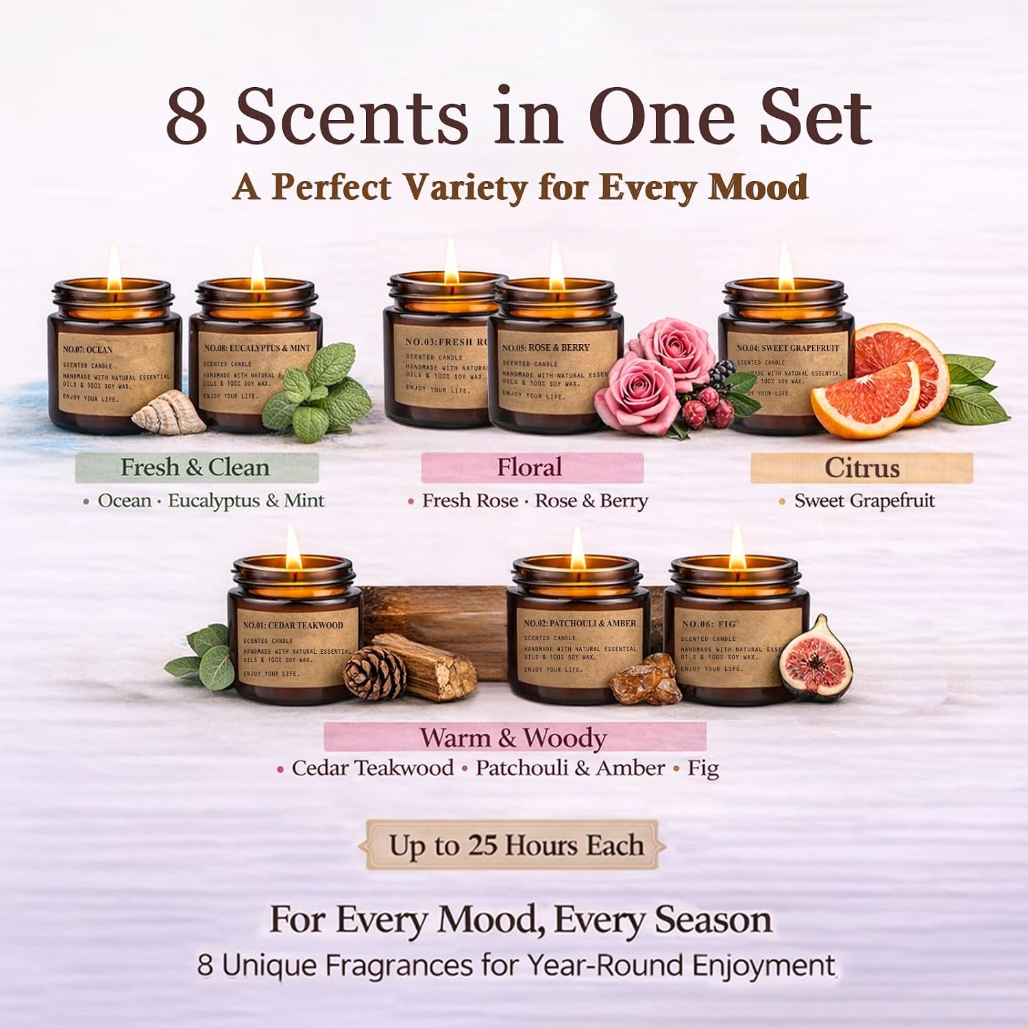 Scented Candles for Home,8 Pack Soy Wax Candle Set,Scented Candles Gift Set,Aromatherapy Candles, Amber Jar Vintage Apothecary Style, 8 Scents Gift Set